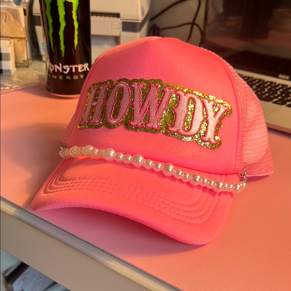 Pink HOWDY Trucker Hat with Pearl Detail